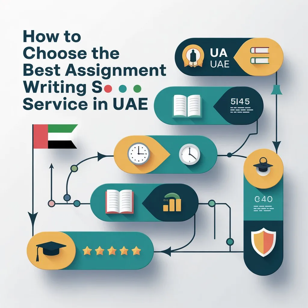 Infographic on choosing the best assignment writing service in UAE covering writers, deadlines, pricing and reviews