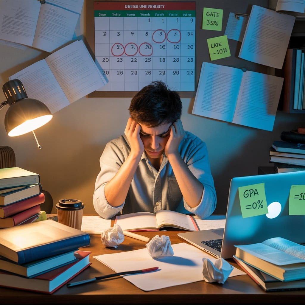 UAE university student stressed about assignment deadline, GPA impact, late submission penalties, and academic pressure