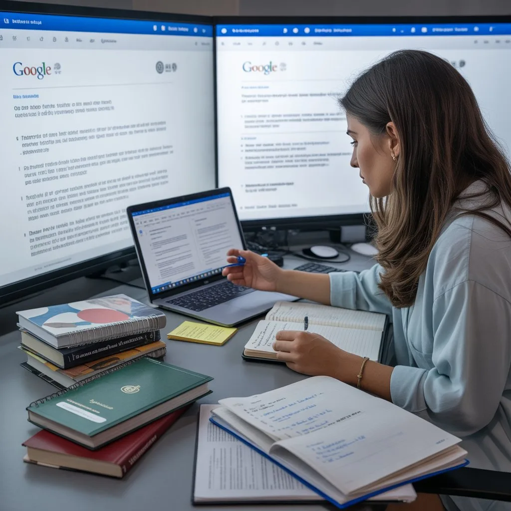 UAE university student writing literature review using peer-reviewed journals, Google Scholar, and academic research sources