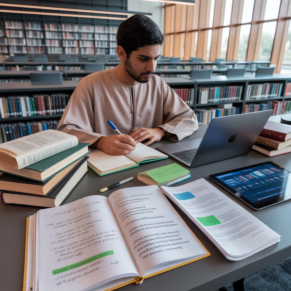 UAE university student writing academic essay with Harvard and APA referencing, research sources, and structured format.