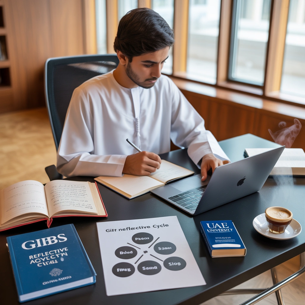 UAE university student writing a reflective essay using Gibbs Reflective Cycle and critical self-analysis framework.