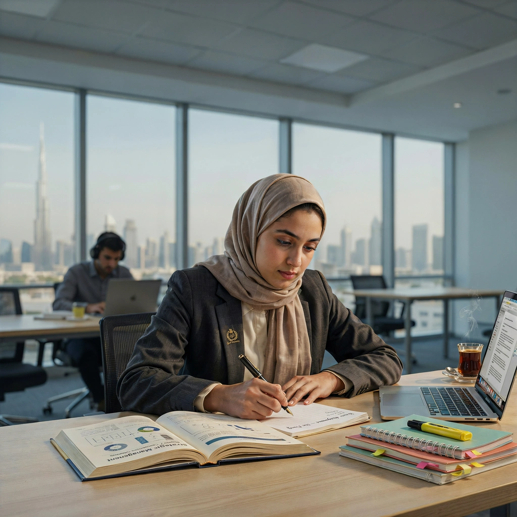 Student writing a business assignment at a UAE university