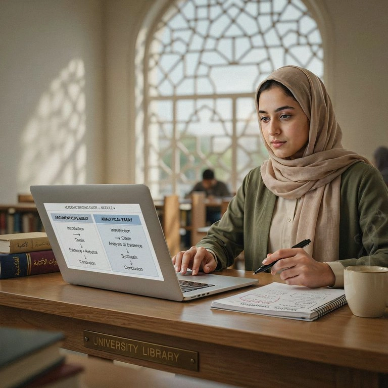 UAE university student comparing argumentative and analytical essay structures with academic writing guidance.